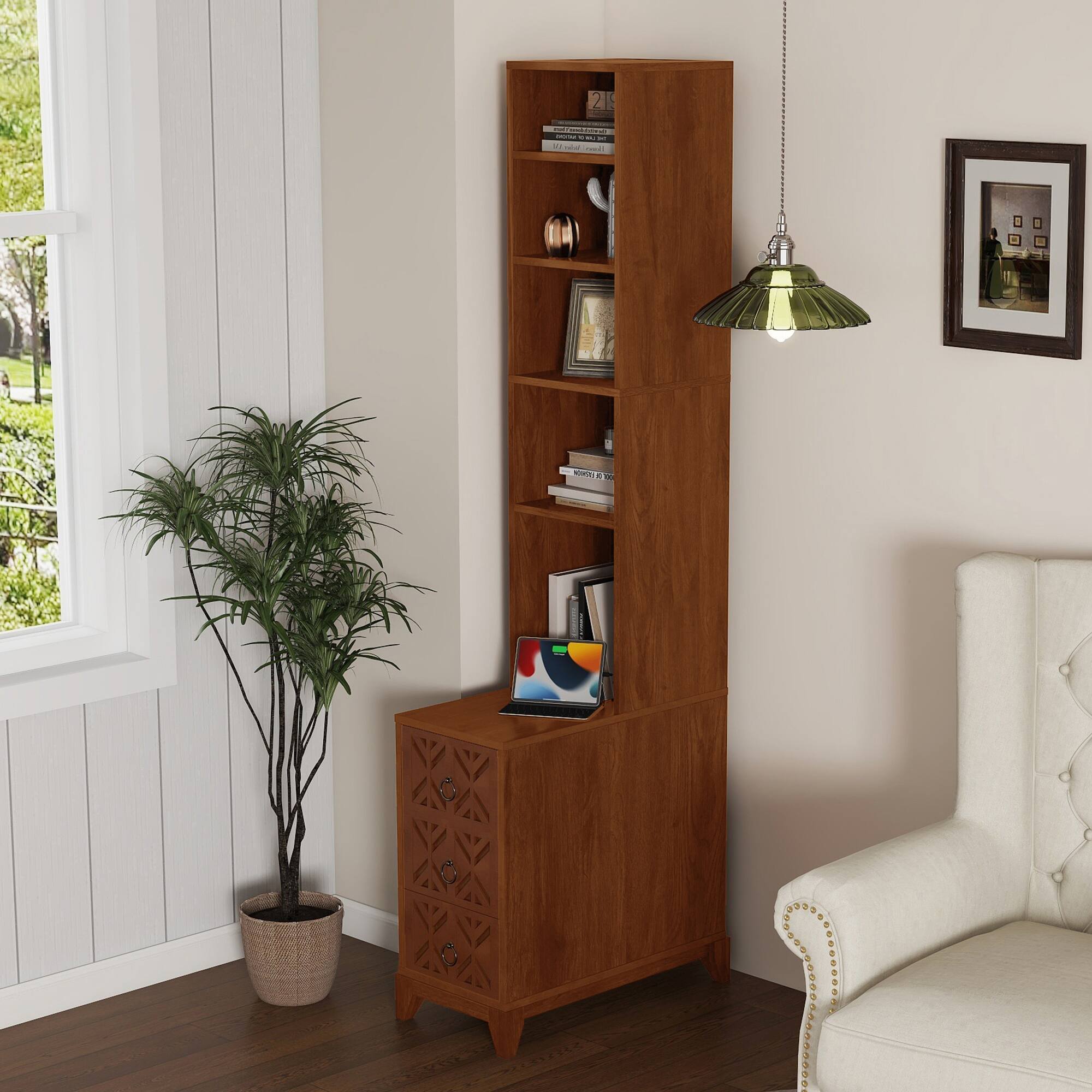 Alt View 2. Spaco - Spaco Modern Corner Nightstand with 3 Drawers, 4 Open Shelves, Walnut Finish, Tall Side Table for Bedroom - Natural.