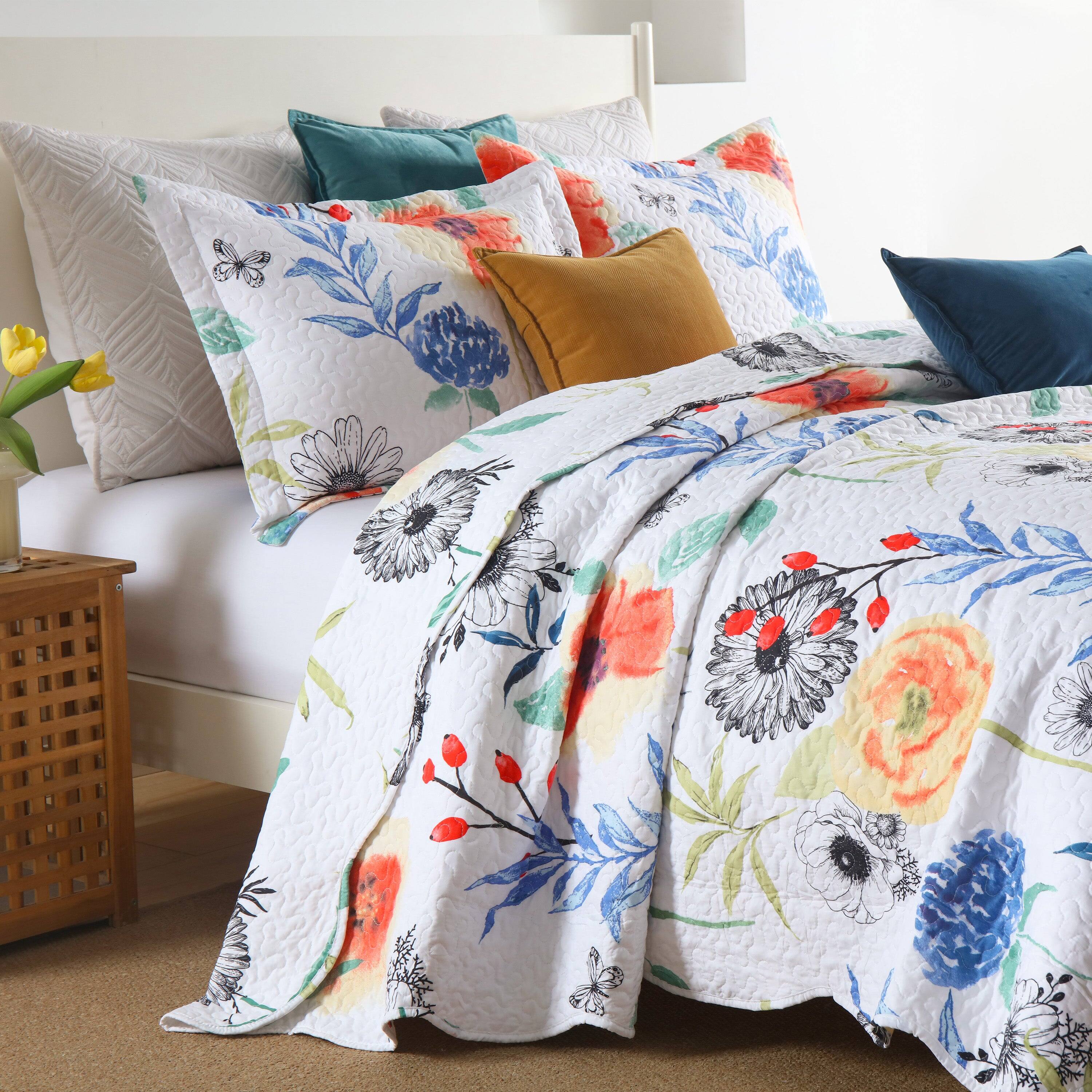 Back. MarCielo - Marcielo 3 Pcs Printed Floral Lightweight Quilt Bedspread Set - Multi Floral.