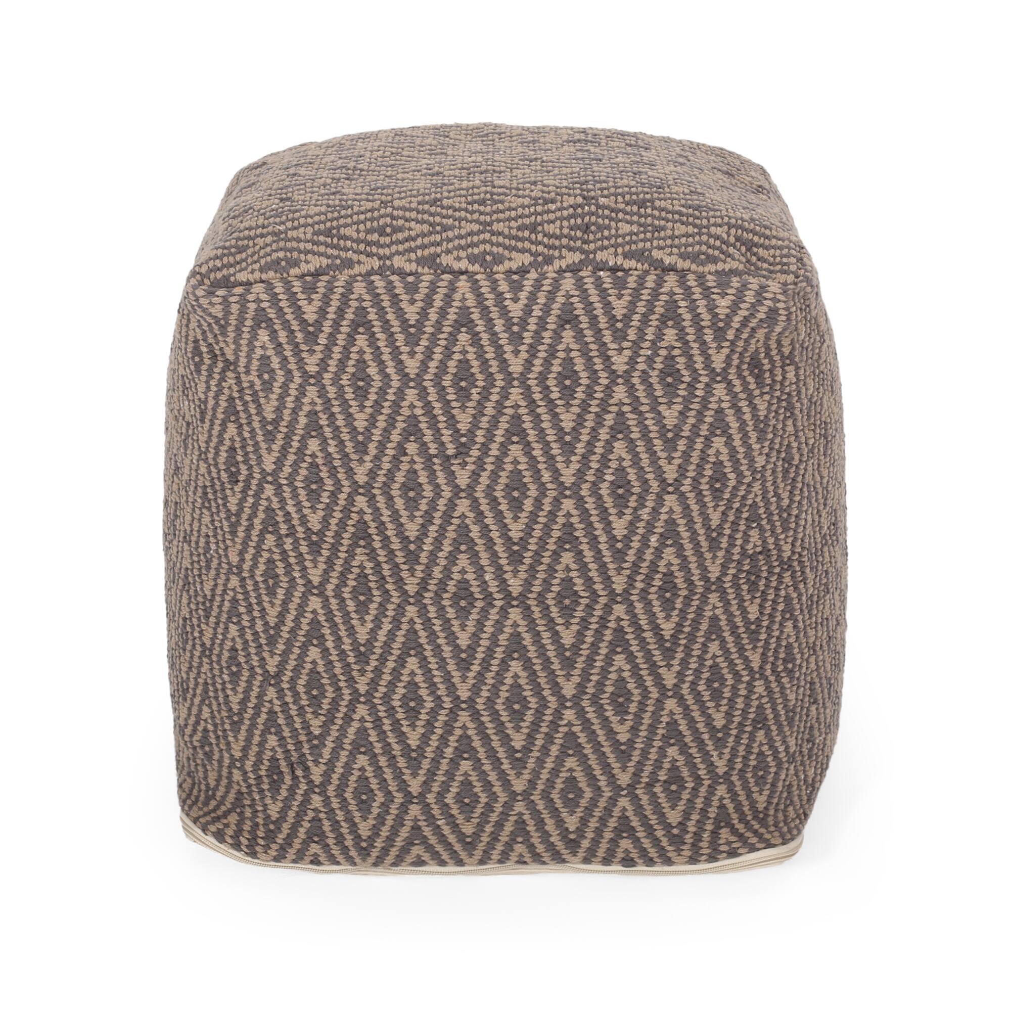 Angle. GOODSILO - Hand-Loomed Cotton Pouf with Diamond Pattern in Neutral Tones - Grey+Brown.