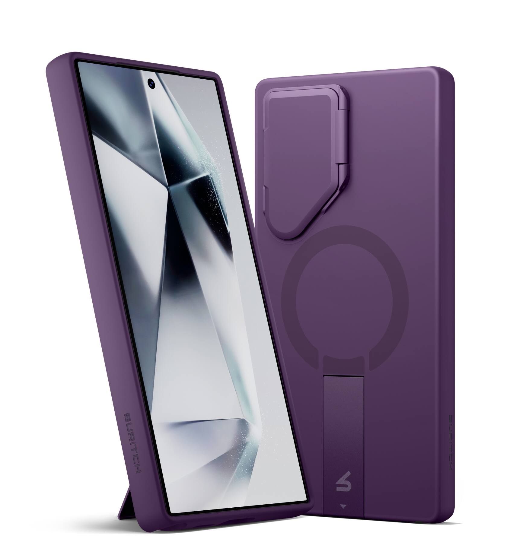 Angle. SURITCH - Phone Case for Samsung Galaxy S24 Ultra, Magnetic Shockproof Protective Cover with Camera Cover & Adjustable Kickstand - Dark Purple.