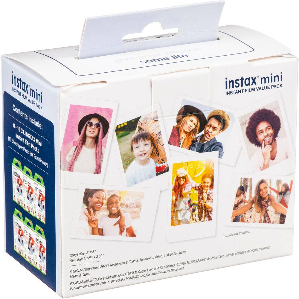 instax mini  
INSTANT FILM VALUE PACK  

Contents Include:  
6 - 10 CT. INSTAX Mini  
(10 Instant Film Packs)  
(60 Total Sheets)  

Image size: 2" x 3"  
Film size: 2.125" x 3.39"  

FUJIFILM Corporation 26-30, Nishiazabu 2-Chome, Minato-Ku, Tokyo, 106-8620, Japan  
Made in Japan  

FUJIFILM and INSTAX are trademarks of FUJIFILM Corporation.  
For more information, refer to the FUJIFILM INSTAX website: http://www.instaxus.com  

©2020 FUJIFILM North America Corp. and its affiliates. All rights reserved.  

Simulated Images.