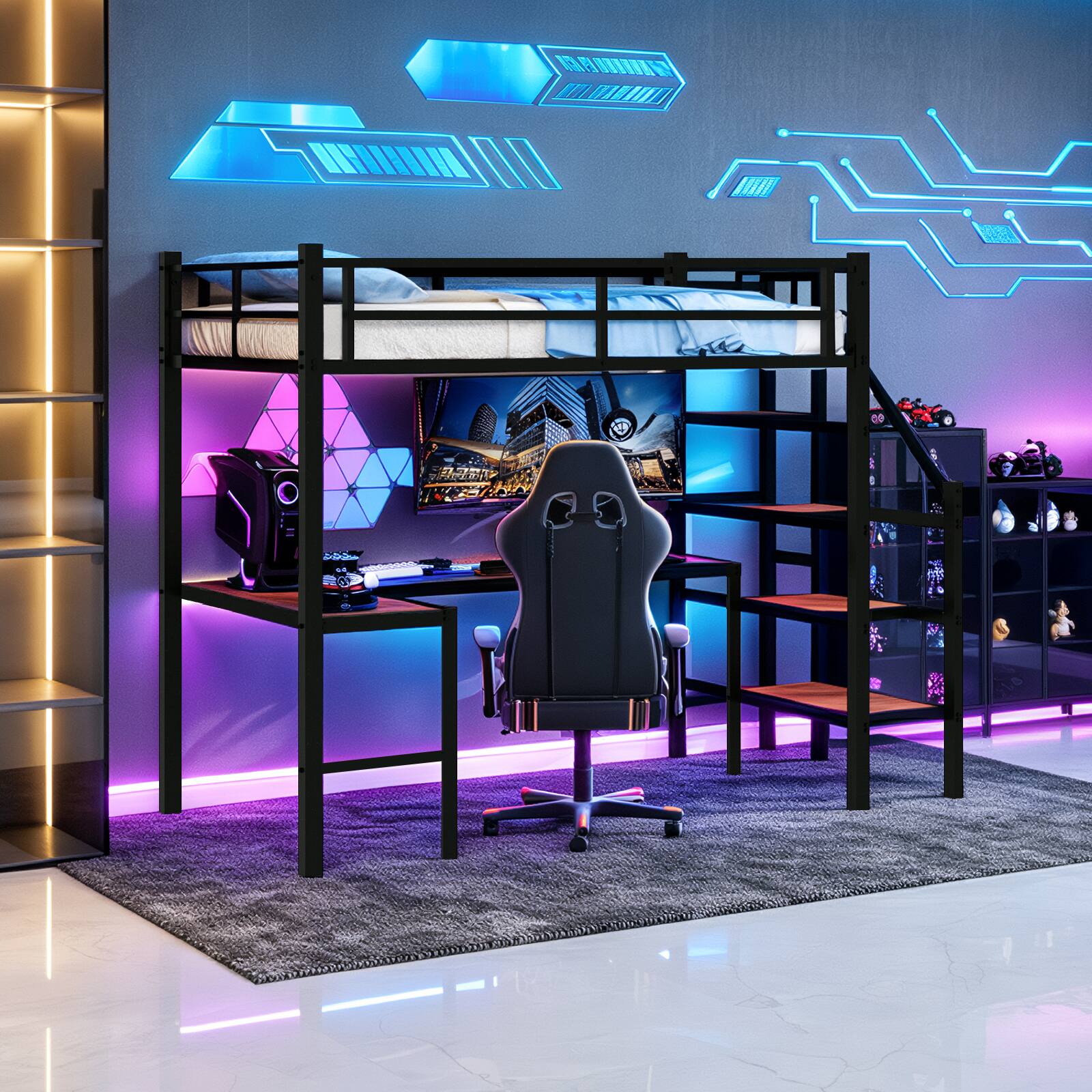 Left. Loheer - Loheer Black Metal Twin Loft Bed with Desk Space Saving Iron and Wood Multifunctional Frame - Black.