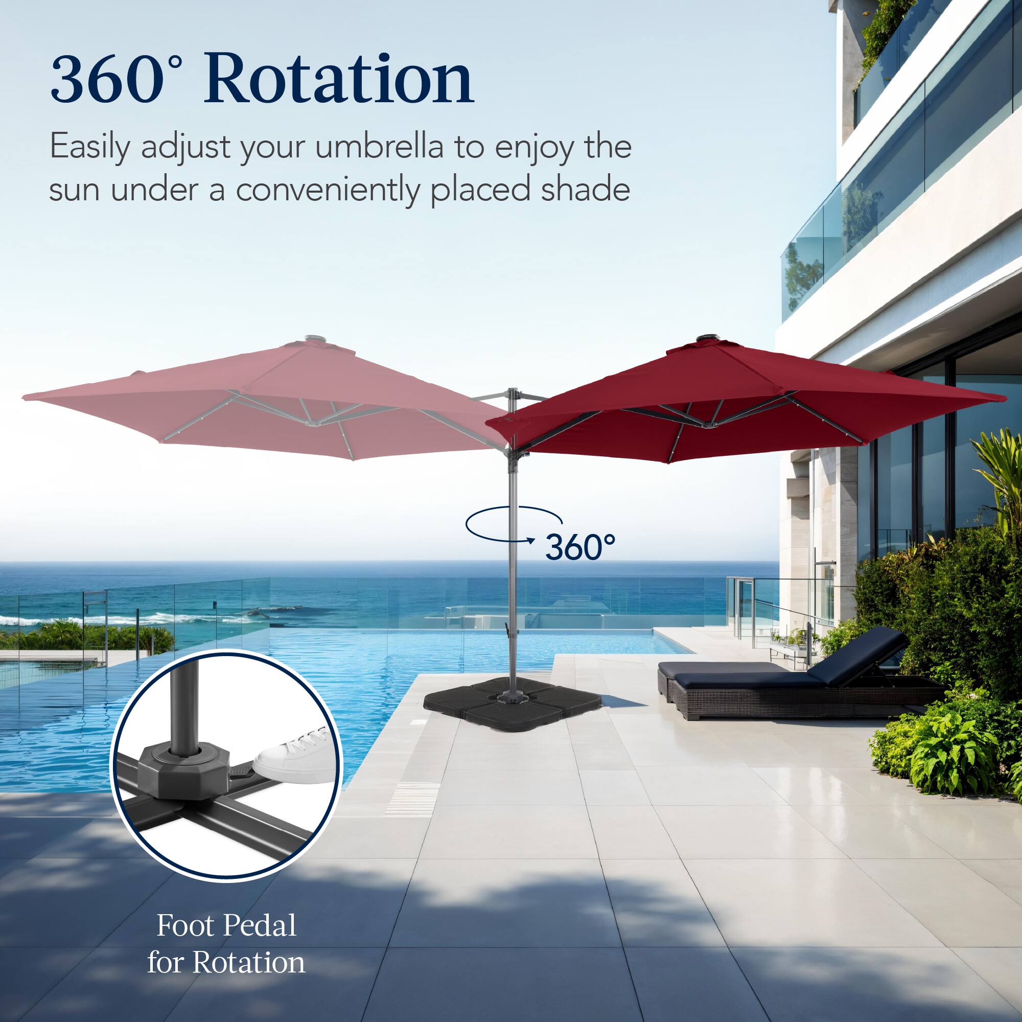 360° Rotation

Easily adjust your umbrella to enjoy the sun under a conveniently placed shade.

Foot Pedal for Rotation