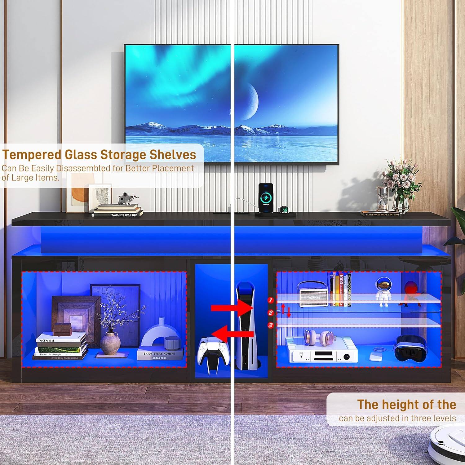 Tempered Glass Storage Shelves Can Be Easily Disassembled for Better Placement of Large Items.

The height of the shelves can be adjusted in three levels.