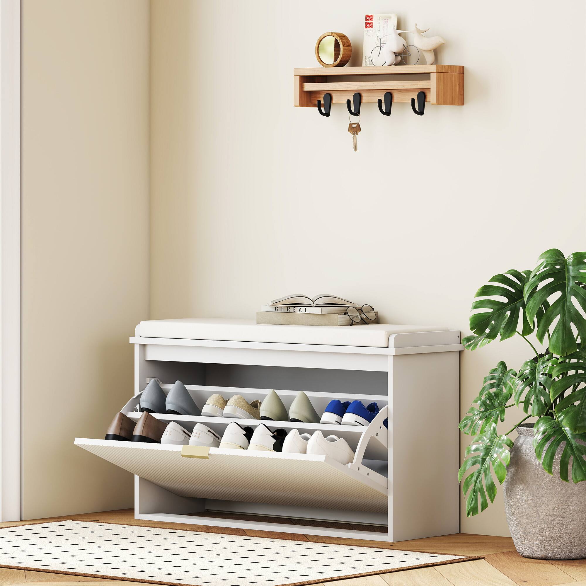 Alt View 1. Homcom - Narrow Shoe Bench with Padded Seat Cushion and Flip-Drawer, Small Entryway Bench Holds up to 265lb, Shoe Cabinet - White.