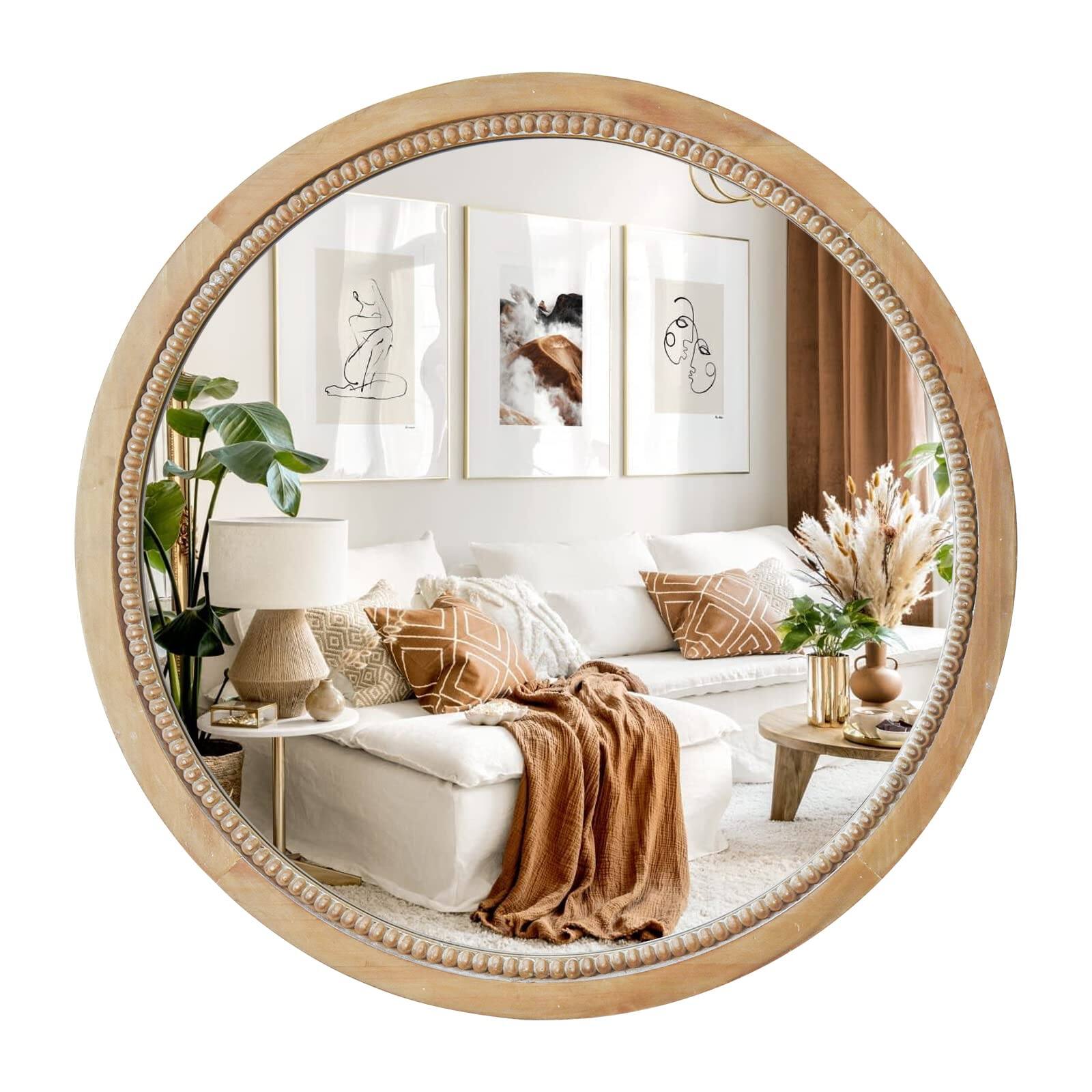 Front. Dapper Styles - Round Decorative Circle Farmhouse Style Mirror - Wooden Frame Beads For Bedroom Bathroom Living Room Or Ent... - Nature-28"L x 28"W.