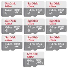 10x SanDisk Ultra 64GB microSDXC Card UHS-1 Upto 100 MB/s Class 10 w/ SD Adapter