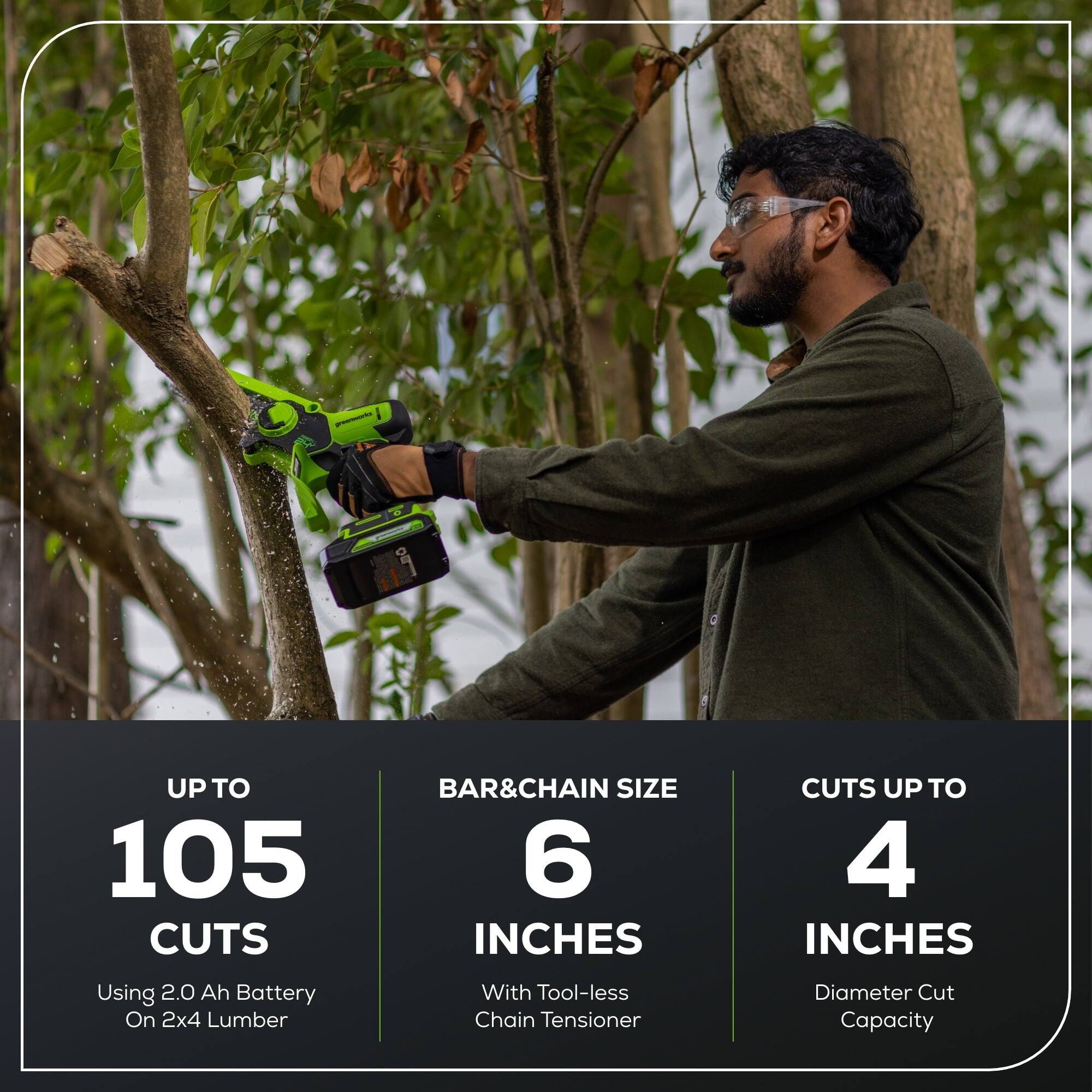 UP TO 105 CUTS  
Using 2.0 Ah Battery On 2x4 Lumber  

BAR&CHAIN SIZE 6 INCHES  
With Tool-less Chain Tensioner  

CUTS UP TO 4 INCHES  
Diameter Cut Capacity