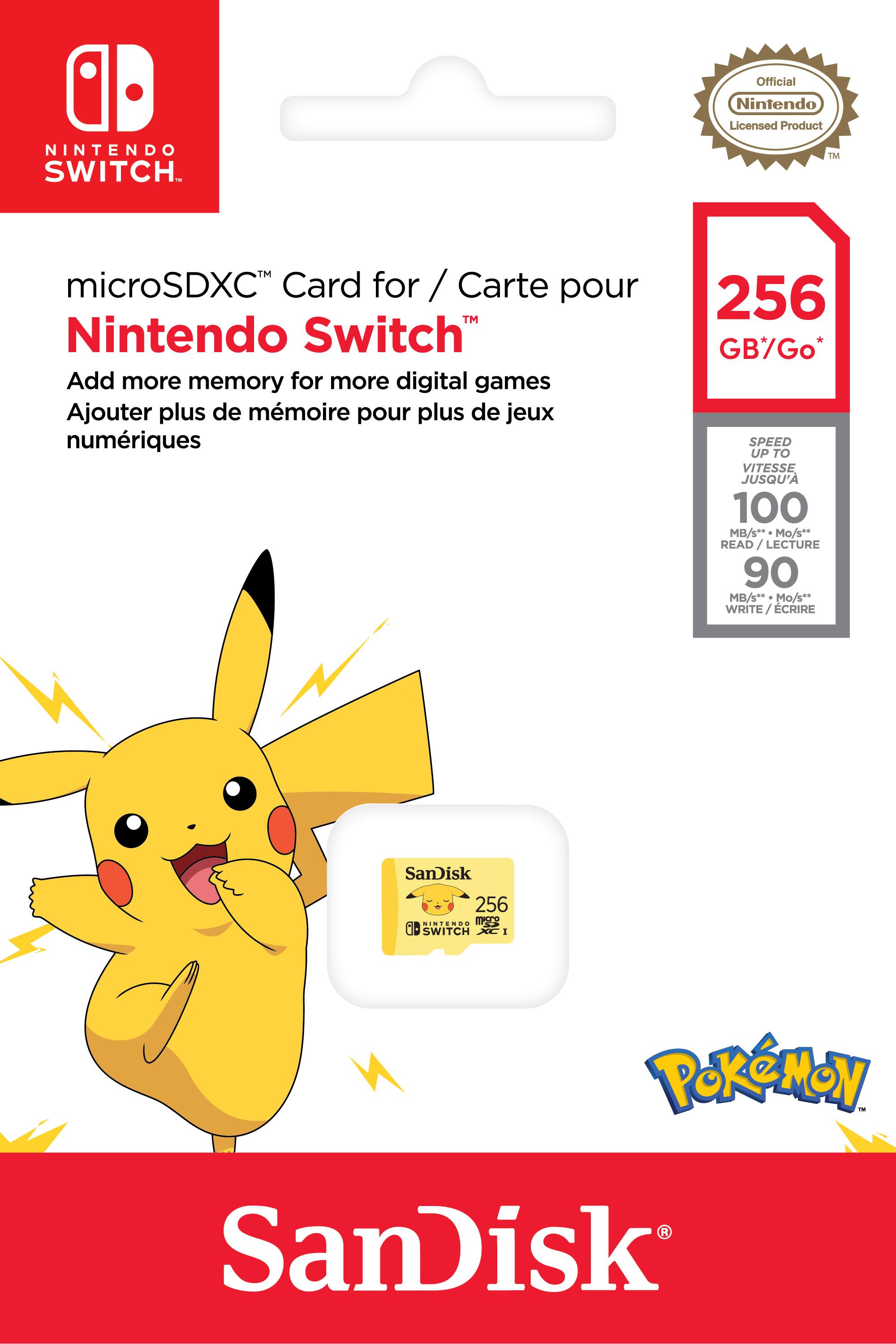 The text on the image reads:
"Official Nintendo Licensed Product NINTENDO SWITCH TM microSDXC Card for / Carte pour Nintendo Switch Add more memory for more digital games Ajouter plus de mmoire pour plus de jeux numriques 256 GBGo* SPEED UP TO VITESSE JUSQU'A 100 MB/s**- Mo/s* READ / LECTURE 90 MB/s** Mo/s** WRITE CRIRE SanDisk 256 -. INIENES mes SWITCH 1 POKMON SanDisk"
The text has been grouped and corrected as follows:
"Official Nintendo Licensed Product Nintendo Switch TM microSDXC Card for / Carte pour Nintendo Switch Add more memory for more digital games Ajouter plus de mmoire pour plus de jeux numriques 256 GBGo* SPEED UP TO VITESSE JUSQU'A 100 MB/s**- Mo/s* READ / LECTURE 90 MB/s** Mo/s** WRITE CRIRE SanDisk 256 -. INIENES mes SWITCH 1 POKMON SanDisk"