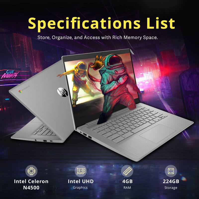 Specifications List  
Store, Organize, and Access with Rich Memory Space.  

- Intel Celeron N4500  
- Intel UHD Graphics  
- 4GB RAM  
- 224GB Storage
