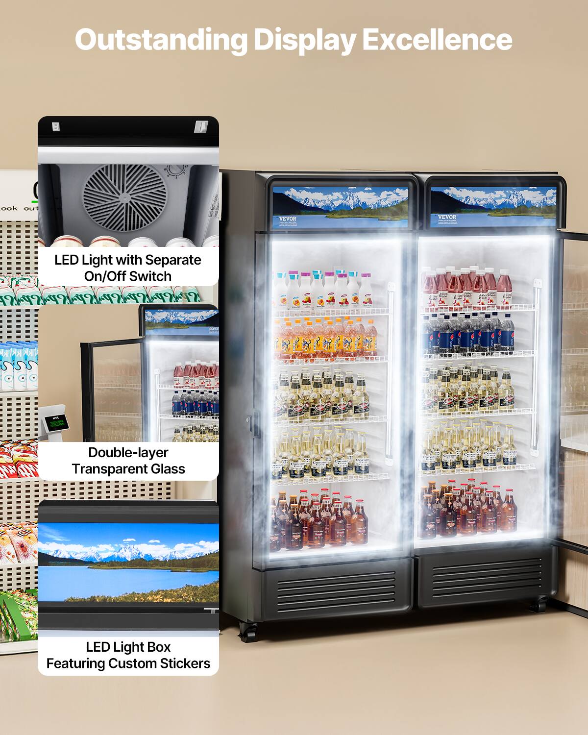 Outstanding Display Excellence

LED Light with Separate On/Off Switch

Double-layer Transparent Glass

LED Light Box Featuring Custom Stickers