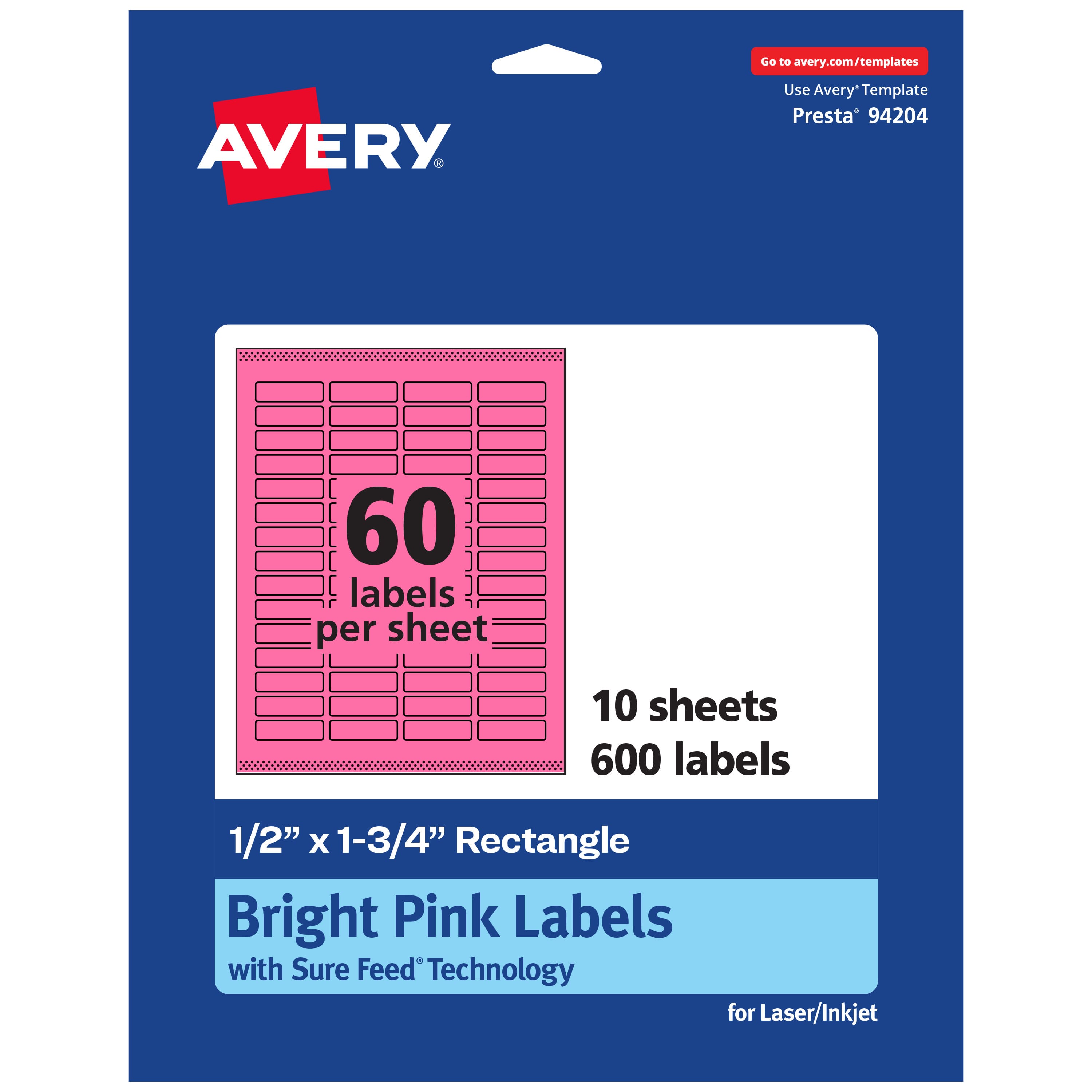 Avery - Printable Rectangle Labels, Bright 0.5" x 1.75", 600ct - Pink