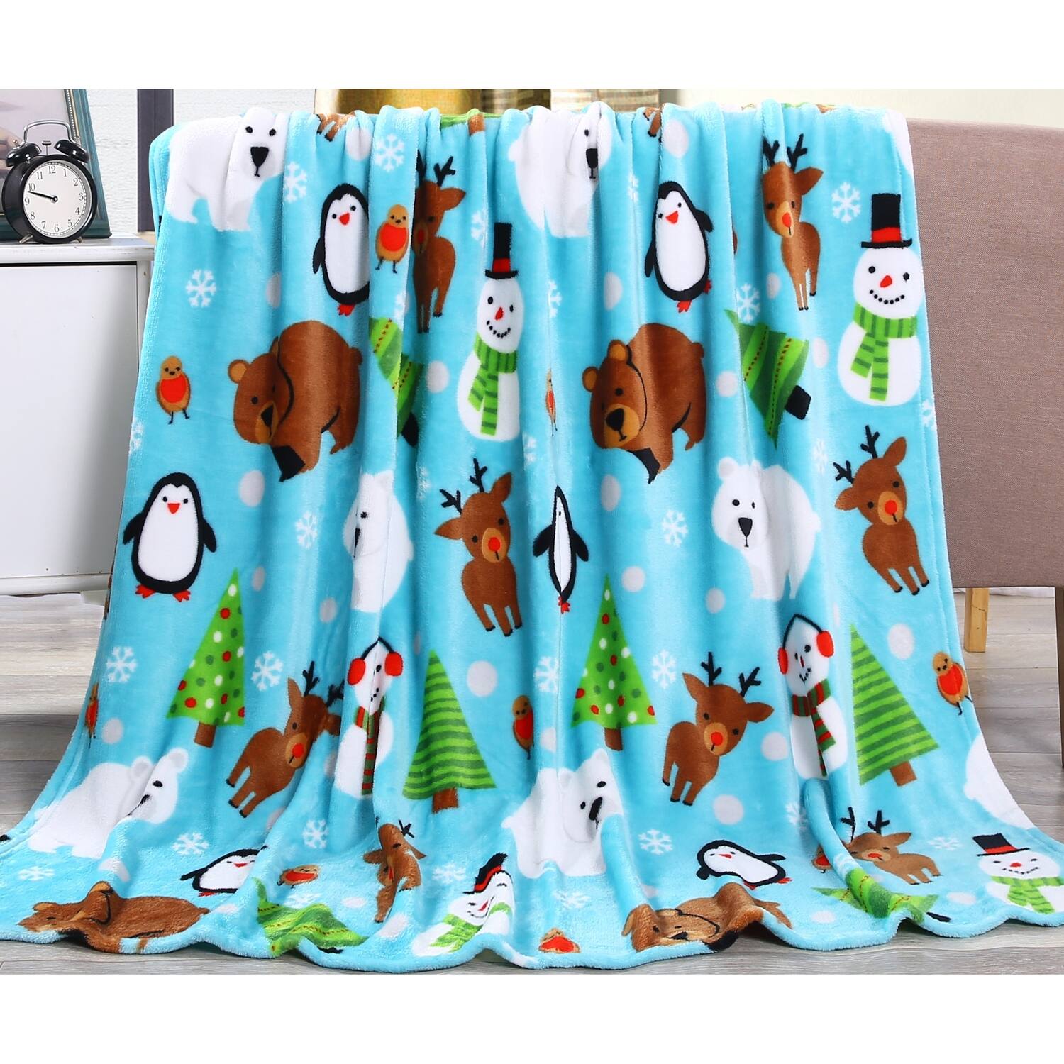 Noble House - Plazatex Holiday Pals Micro plush Design All Season Blue Color 50" X 60" Throw Blanket - Light blue