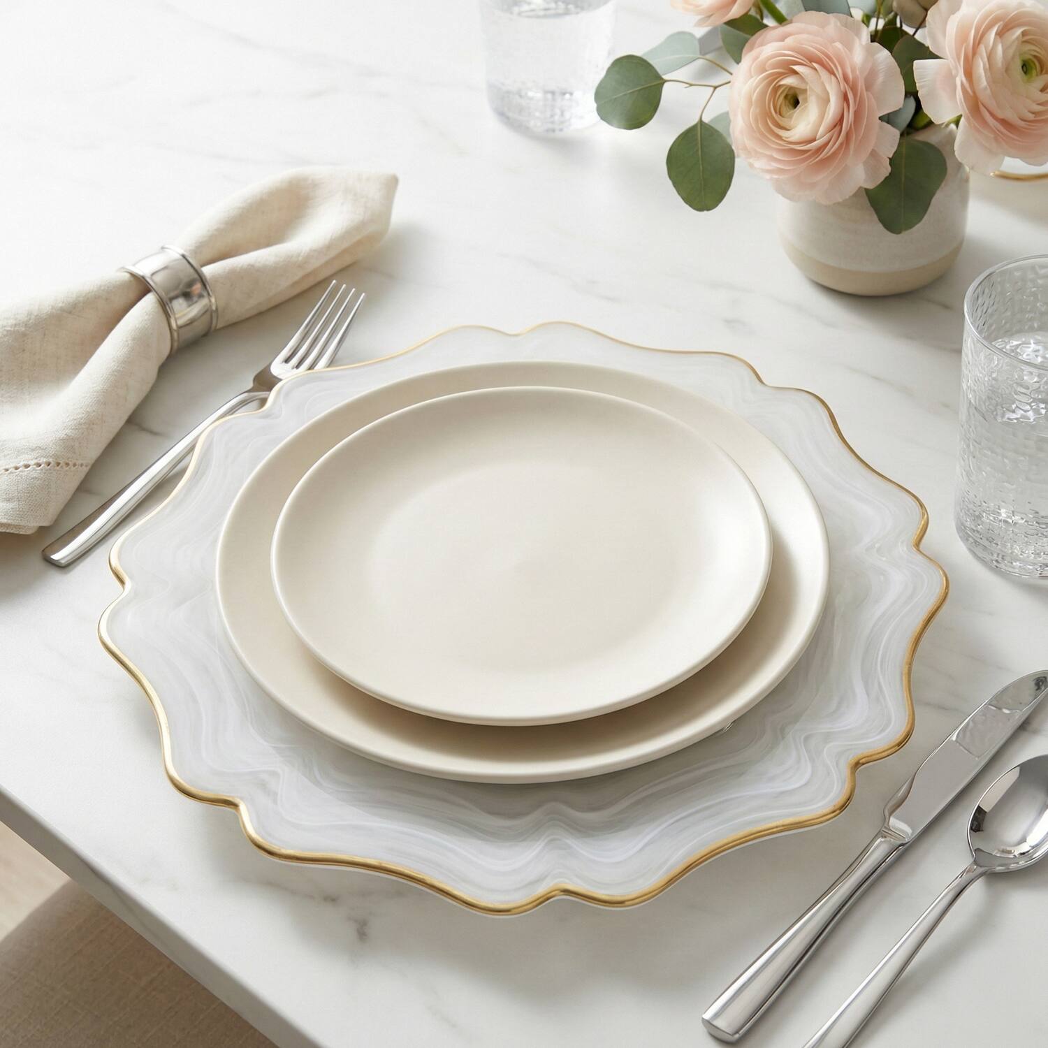 Left. American Atelier - Empire White Alabaster Glass Charger Plate with Gold Rim by American Atelier - Gold.