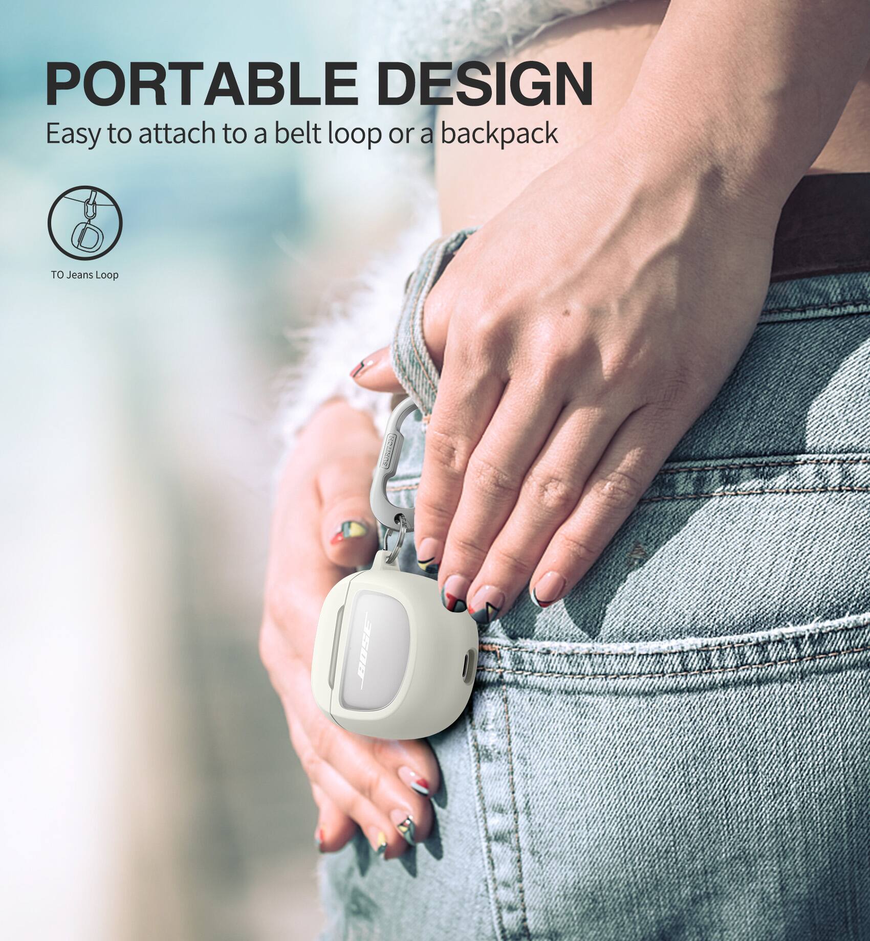 PORTABLE DESIGN  
Easy to attach to a belt loop or a backpack  
TO Jeans Loop