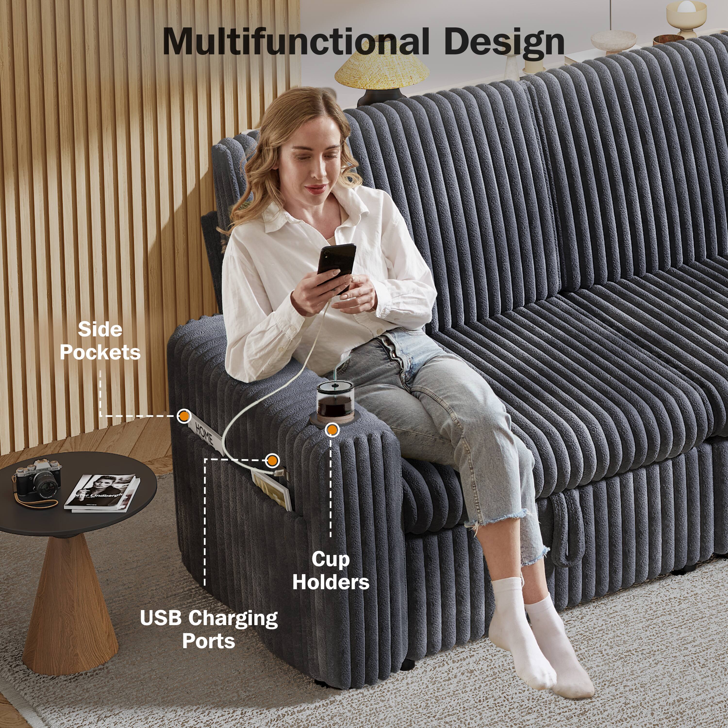 Multifunctional Design  
Side Pockets  
Cup Holders  
USB Charging Ports