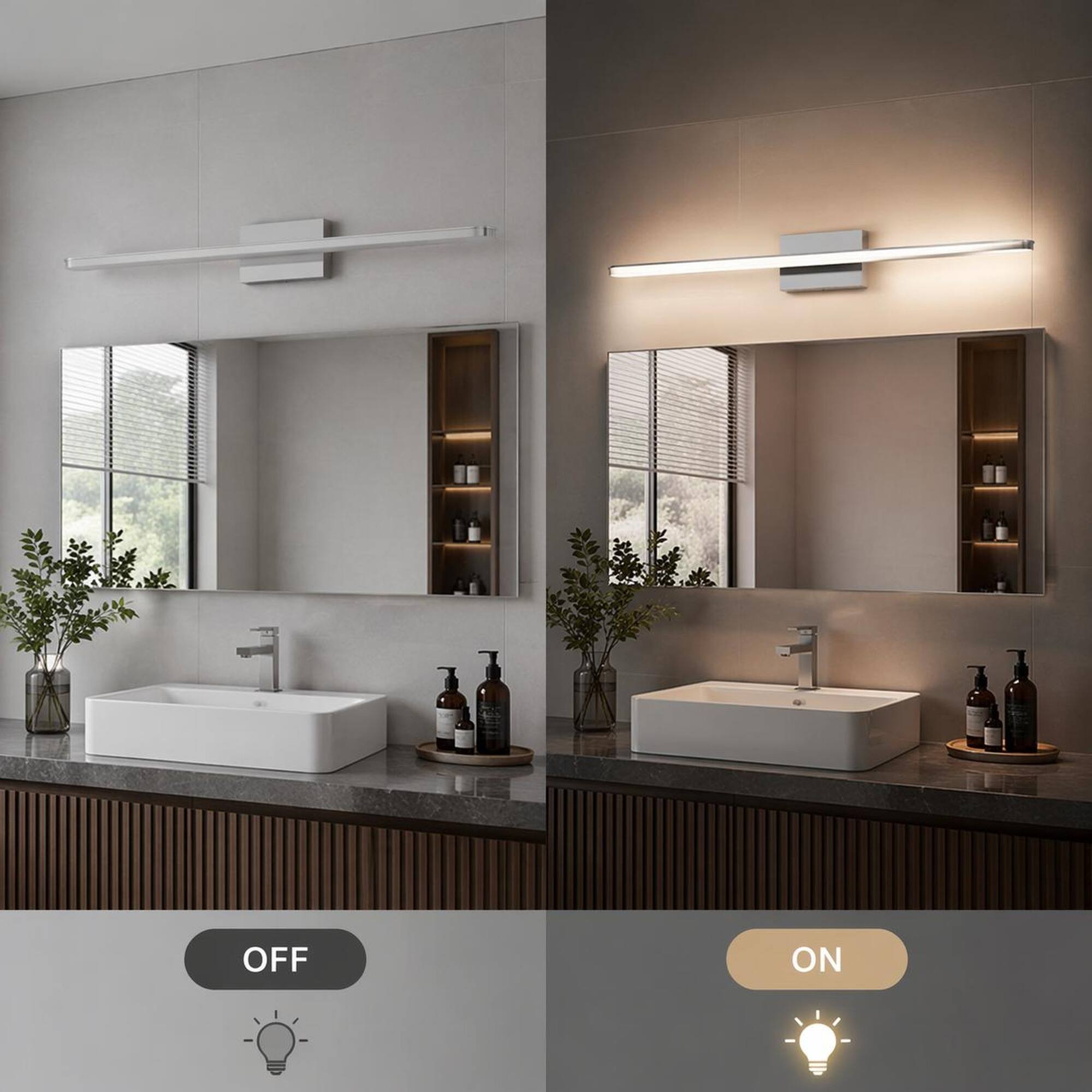 Alt View 3. RYHNUYNE - Modern 39-Inch Chrome LED Vanity Light for Bathroom, 24W 6000K Daylight, Dimmable Over-Mirror Fixture.