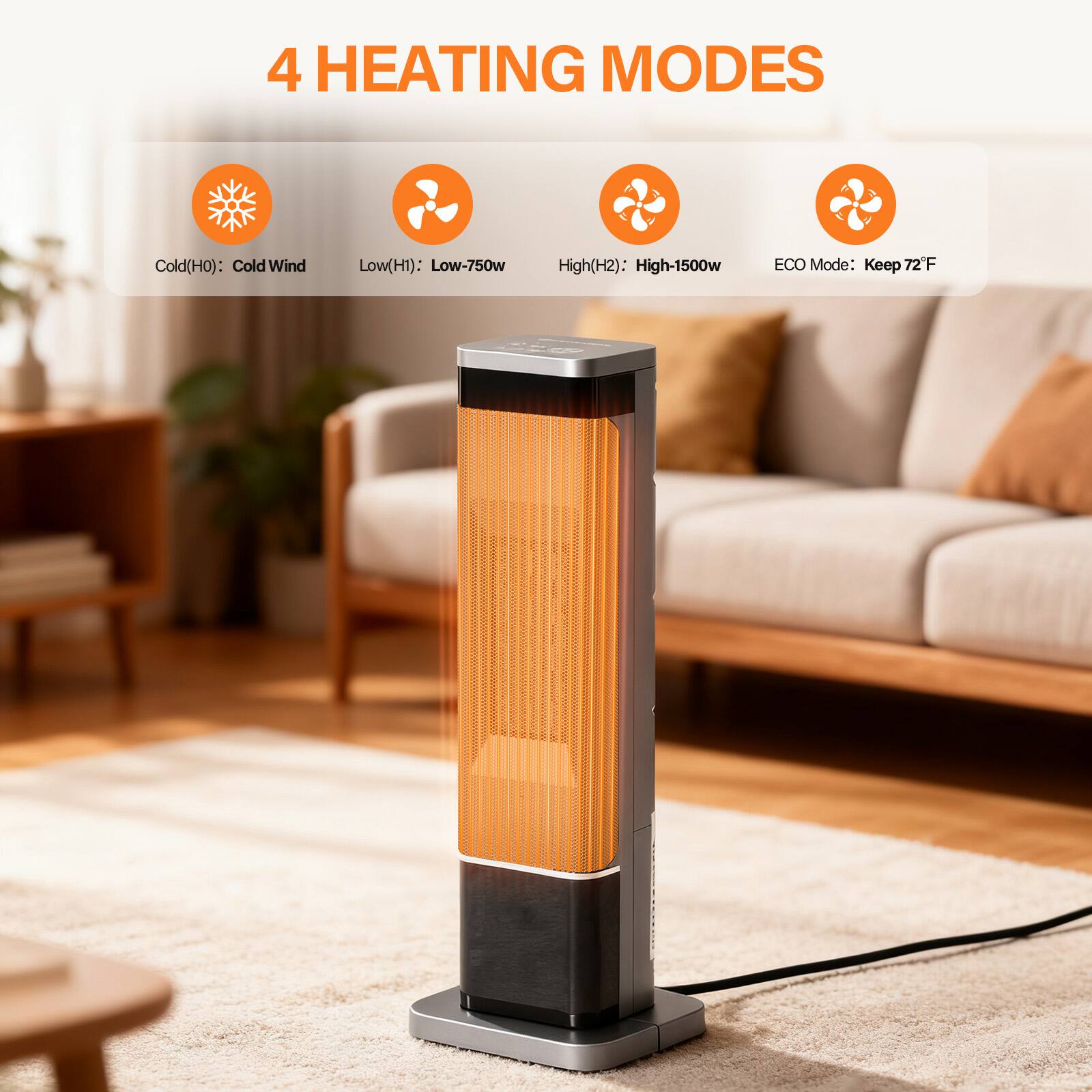 4 HEATING MODES

- Cold(H0): Cold Wind
- Low(H1): Low-750w
- High(H2): High-1500w
- ECO Mode: Keep 72°F