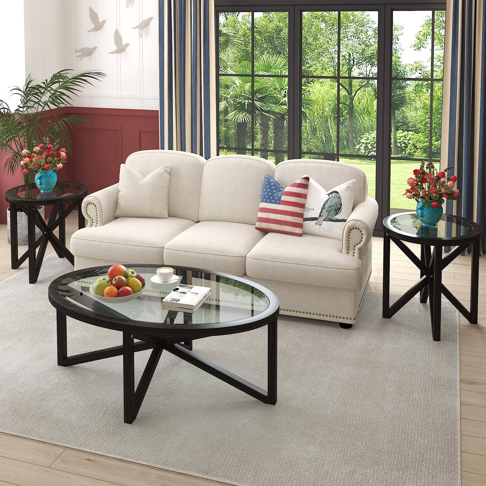 Alt View 5. Ecooso - Modern simple glass coffee table, tempered glass coffee table solid wood base round transparent glass top - Brown.