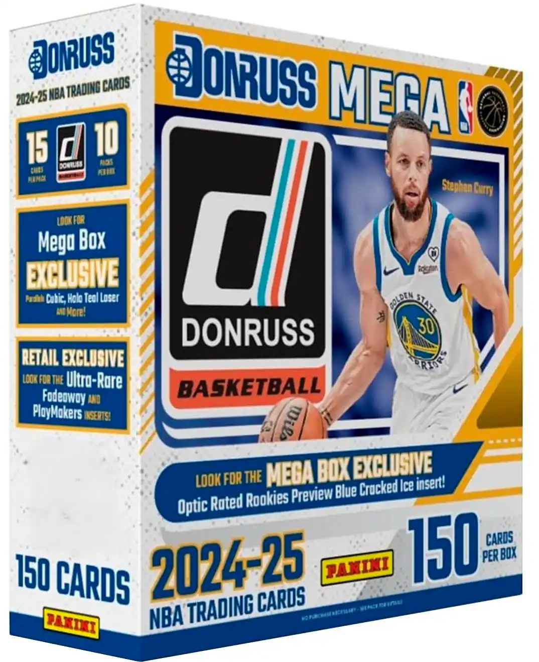 Donruss Mega Box Exclusive Stephen Curry 2024-25 NBA Trading Cards. Look for the Mega Box Exclusive Blue Cracked Ice insert! Rated Rookies Preview Optic cards. 150 cards per box.