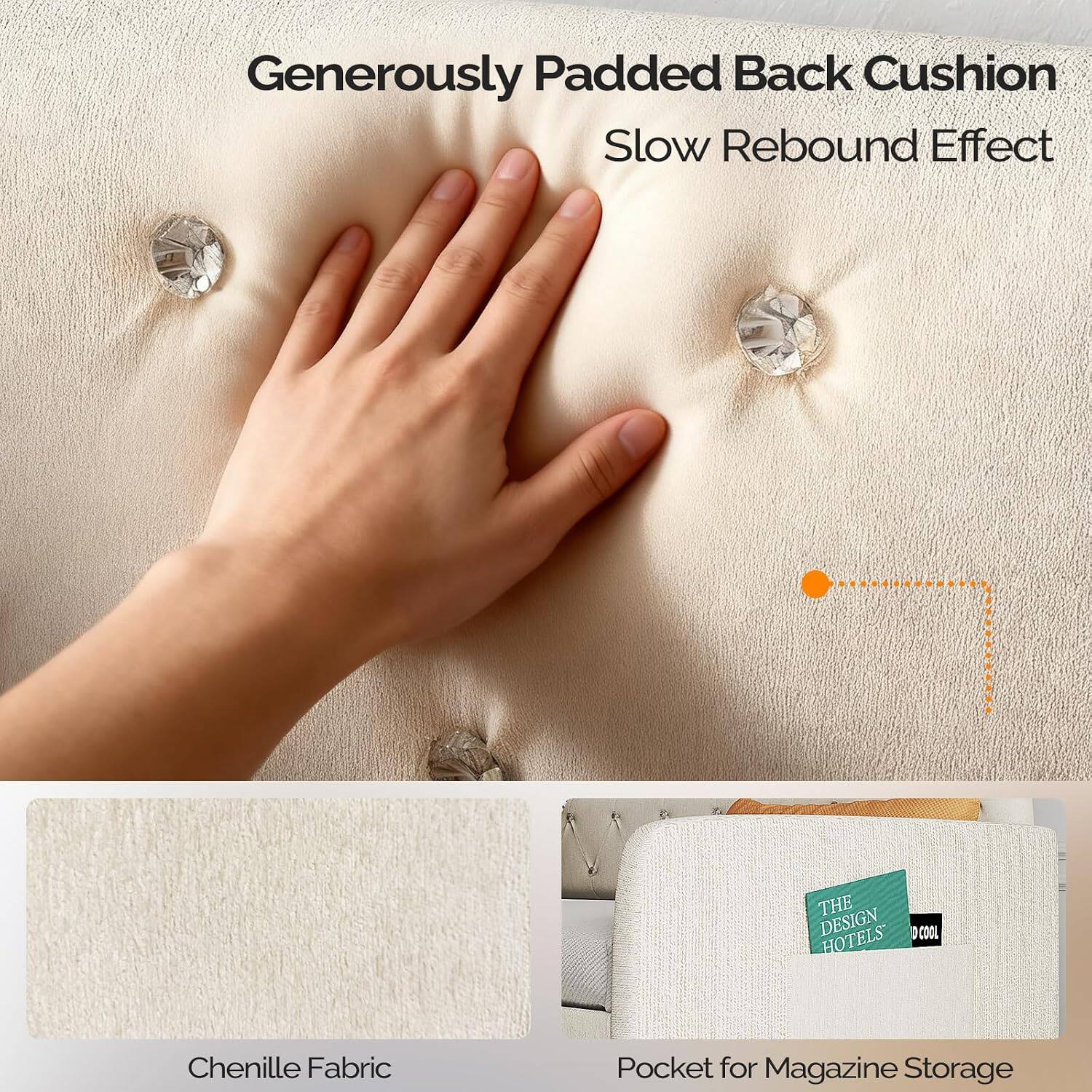 Generously Padded Back Cushion  
Slow Rebound Effect  

THE DESIGN D-COOL HOTELS  
Chenille Fabric  
Pocket for Magazine Storage