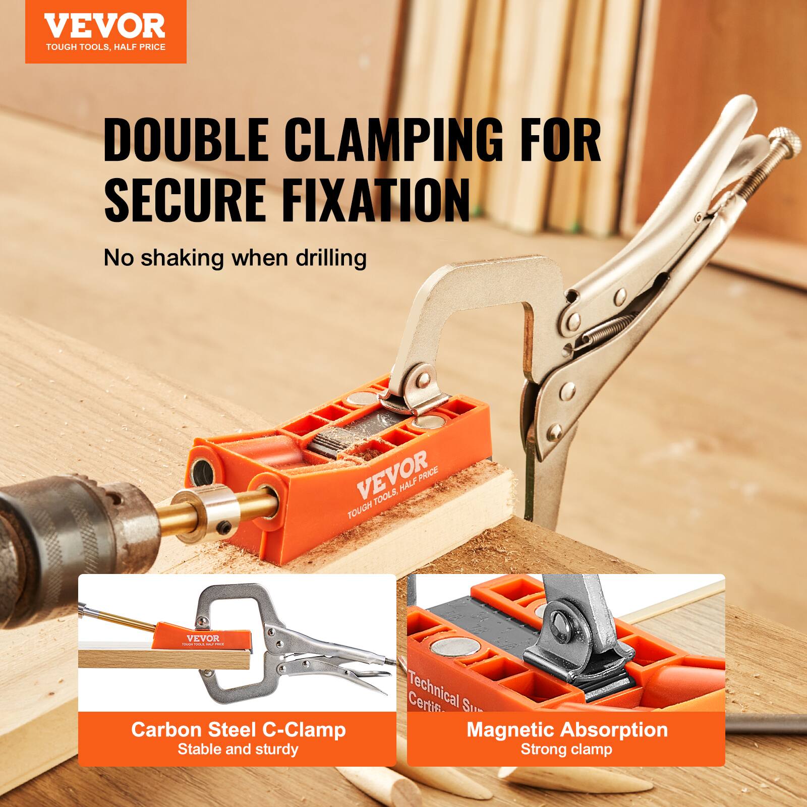 VEVOR  
TOUGH TOOLS, HALF PRICE  

DOUBLE CLAMPING FOR SECURE FIXATION  
No shaking when drilling  

Carbon Steel C-Clamp  
Stable and sturdy  

Magnetic Absorption  
Strong clamp  

Technical Certifi-  
Su-