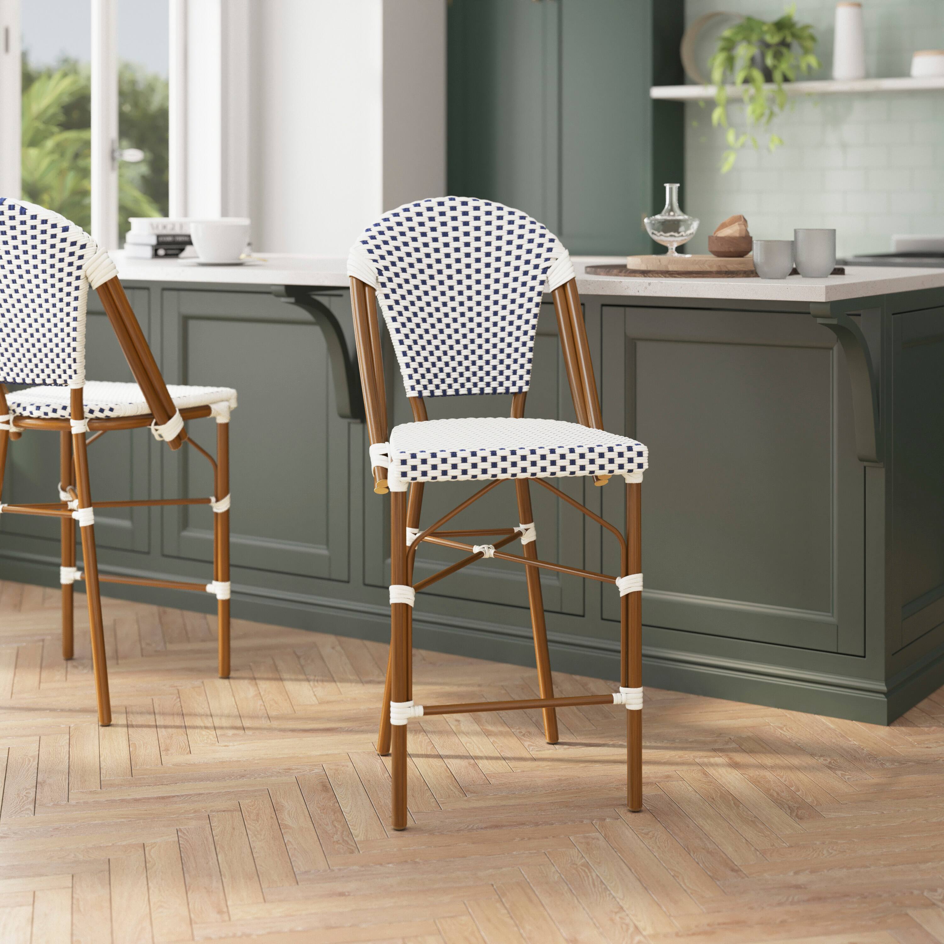 Alt View 2. Flash Furniture - Lourdes Stackable Indoor/Outdoor Bistro 26" High Counter Height Stool, Commercial Grade, White/Navy and Bamboo Finish - Blue.