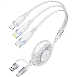 PARKER SLATER - 5 in 1 retractable charging cable, 100W fast USB cord with Type-C, Lightning, Micro USB ports, 4ft durable and portable - White