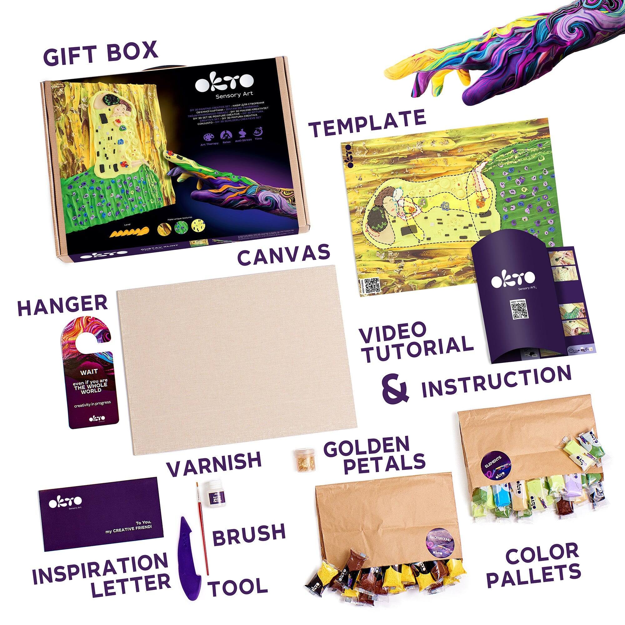 GIFT BOX - TEMPLATE - CANVAS - HANGER - VIDEO TUTORIAL & INSTRUCTION - GOLDEN PETALS - COLOR PALLETS - INSPIRATION LETTER - VARNISH - BRUSH TOOL