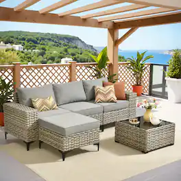 Ovios - 5 PCS Patio Furniture Set Outdoor Sectional Sofa Deep Seat Couch with Solar Coffee Table - Dark Gray