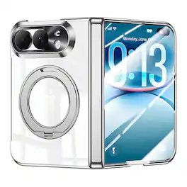 Dteck - For Apple iPhone Duo Clear Magnetic Case Ring Kickstand Shockproof Rugged Hinge Cover+Built-in Screen Protector - Silver