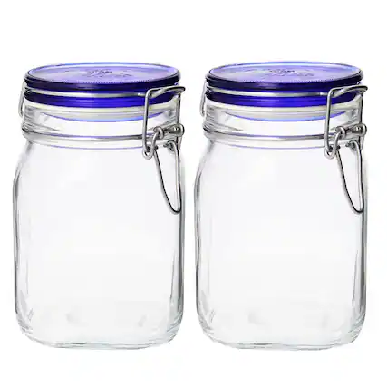 Front. Bormioli Rocco - Bormioli Rocco Fido Glass Storage Jars, Blue Lids Airtight Clamp Lock Canisters, 33.75 oz Set of 2 - Clear.