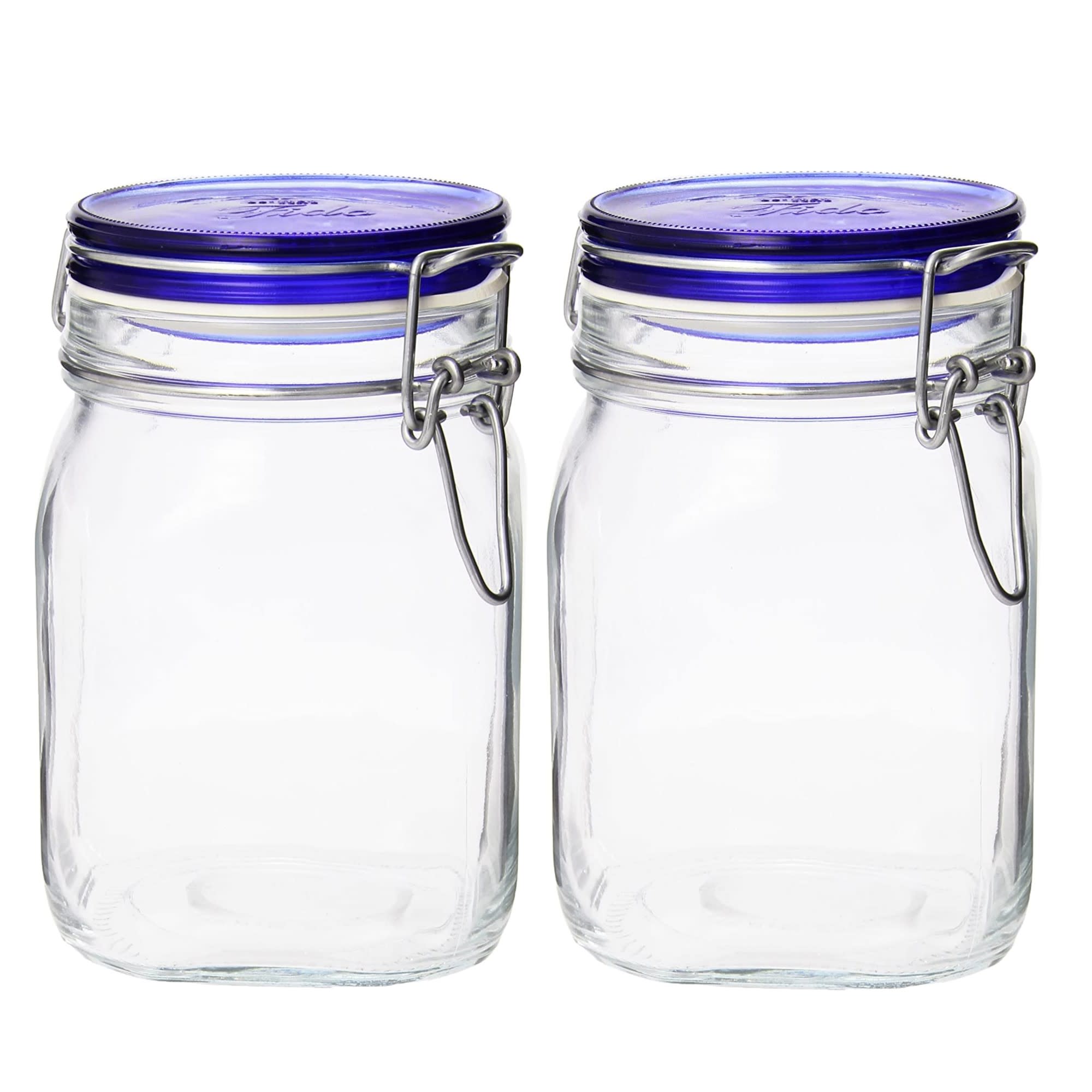 Front. Bormioli Rocco - Bormioli Rocco Fido Glass Storage Jars, Blue Lids Airtight Clamp Lock Canisters, 33.75 oz Set of 2 - Clear.