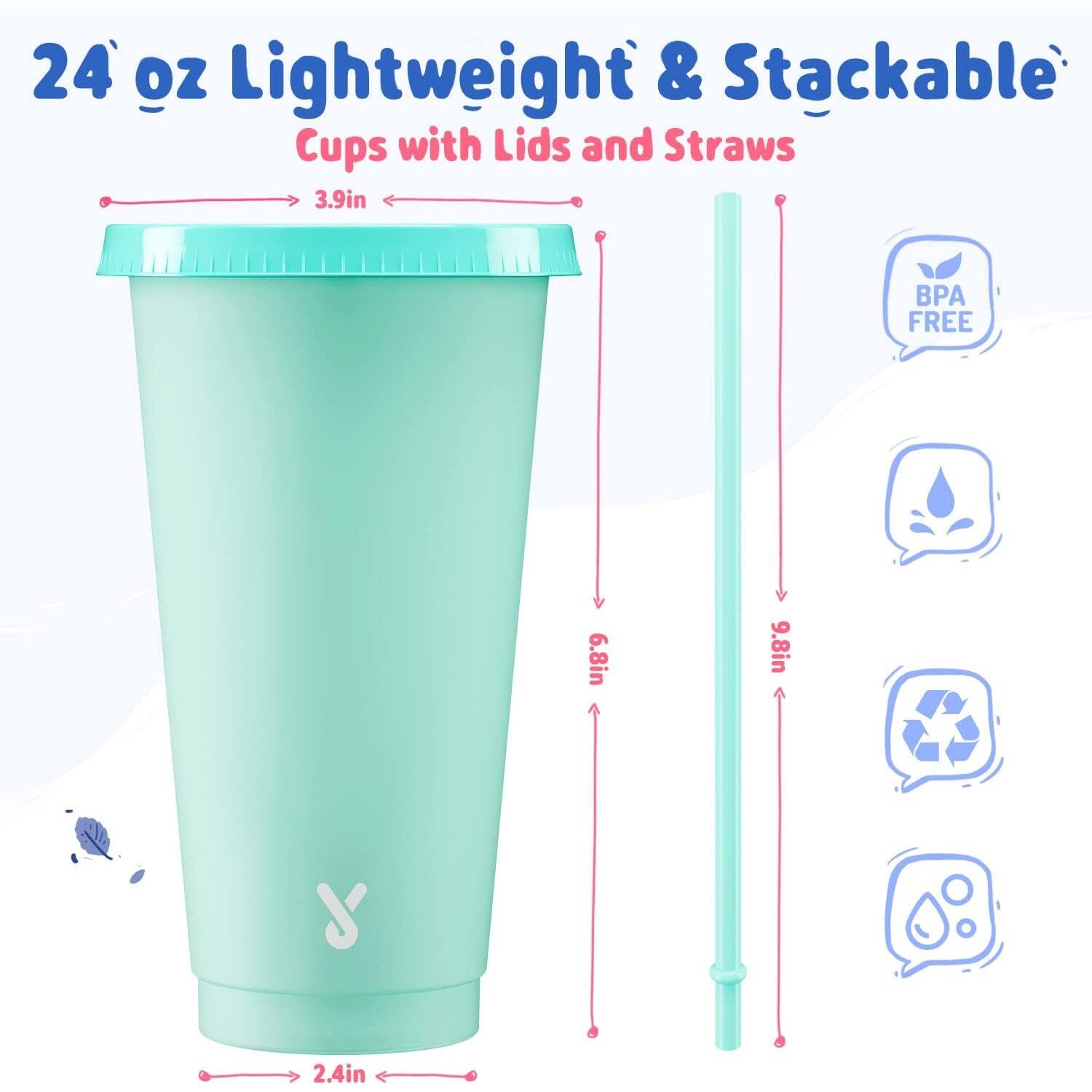 24 oz Lightweight & Stackable Cups with Lids and Straws

- Diameter: 3.9 in
- Height: 6.8 in
- Bottom Diameter: 2.4 in
- Straw Length: 9.8 in

BPA Free