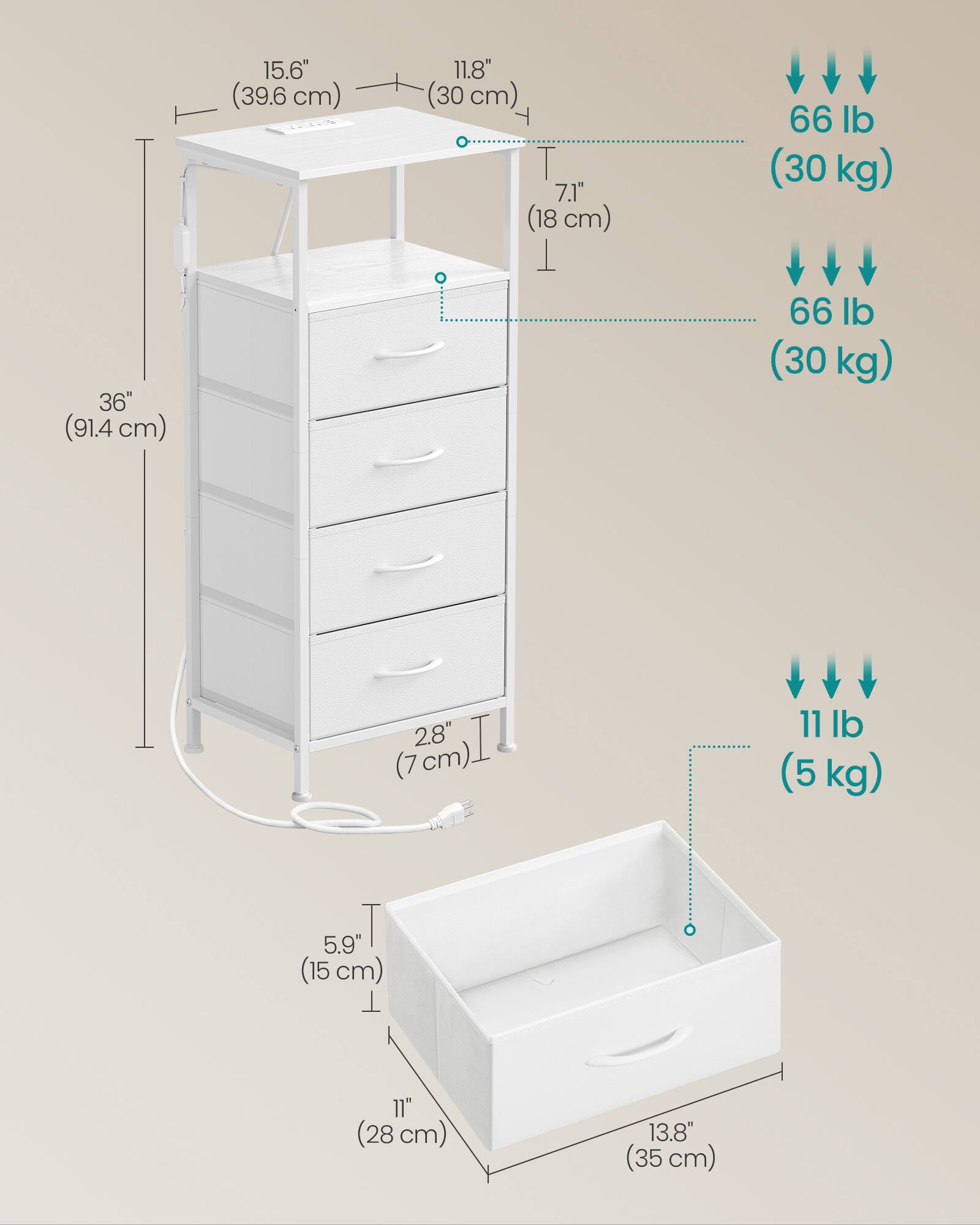 36" (91.4 cm)  
15.6" (39.6 cm)  
11.8" (30 cm)  
7.1" (18 cm)  
66 lb (30 kg)  
66 lb (30 kg)  
2.8" (7 cm)  
11 lb (5 kg)  
5.9" (15 cm)  
11" (28 cm)  
13.8" (35 cm)