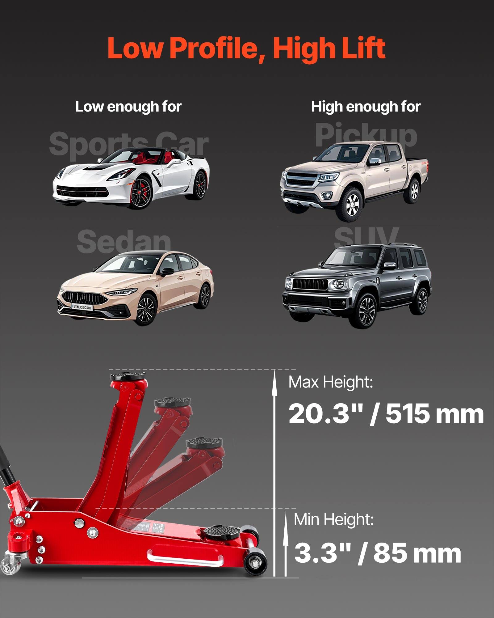 Low Profile, High Lift  
Low enough for Sports Car  
High enough for Pickup  
Sedan SUV  

IRCCOC  
Max Height: 20.3" / 515 mm  
Min Height: 3.3" / 85 mm