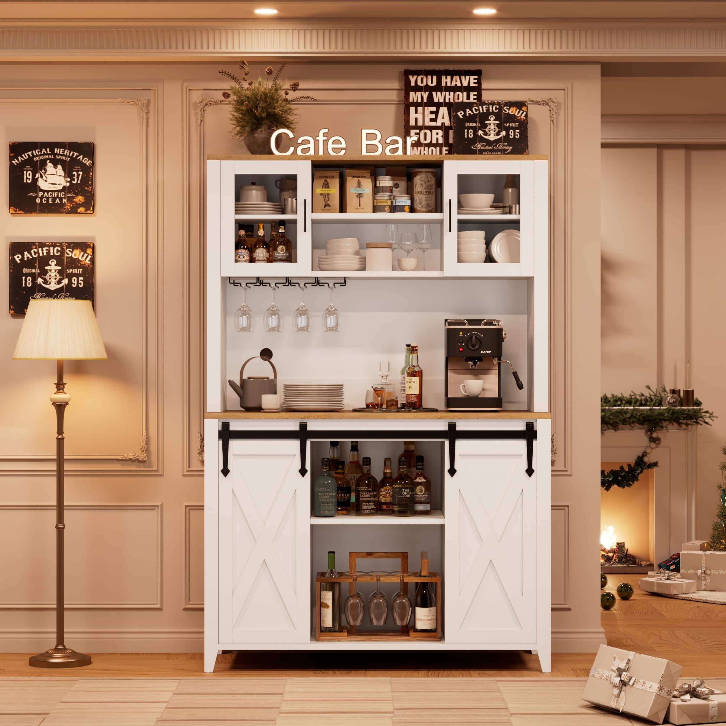 Qeetex - 70" Wine & Coffee Bar Cabinet, Pantry Cabinet with Hutch, Sliding Barn Doors, Wine Racks & Glass Holders - White