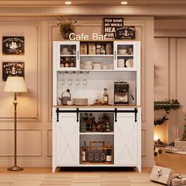 Qeetex - 70" Wine & Coffee Bar Cabinet, Pantry Cabinet with Hutch, Sliding Barn Doors, Wine Racks & Glass Holders - White