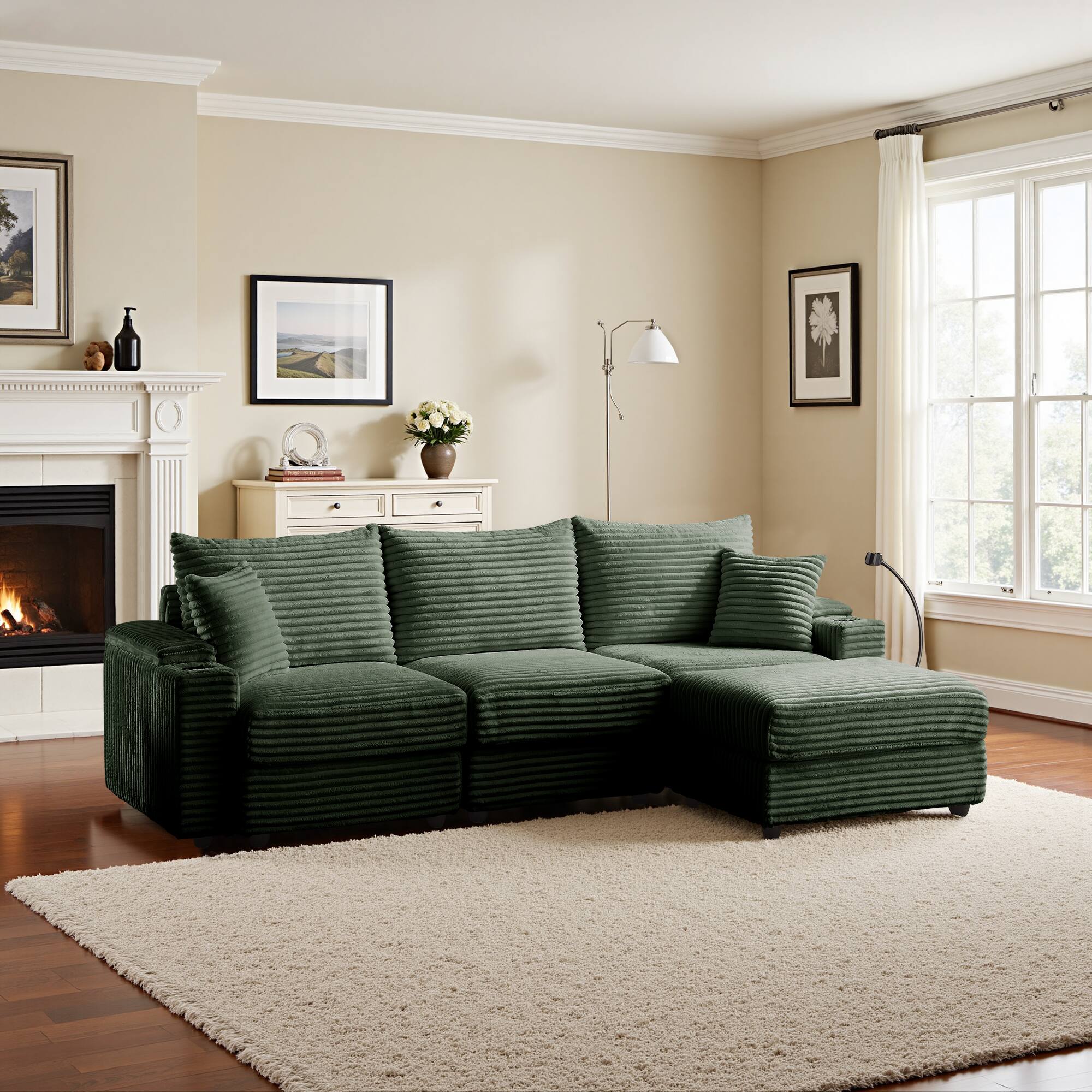 Meqiodas - Corduroy L-Shaped Sectional Sofa with Ottoman, Comfy Cloud Couch with Charger, Cup Holders & Armrest Storage - Green(3+1)