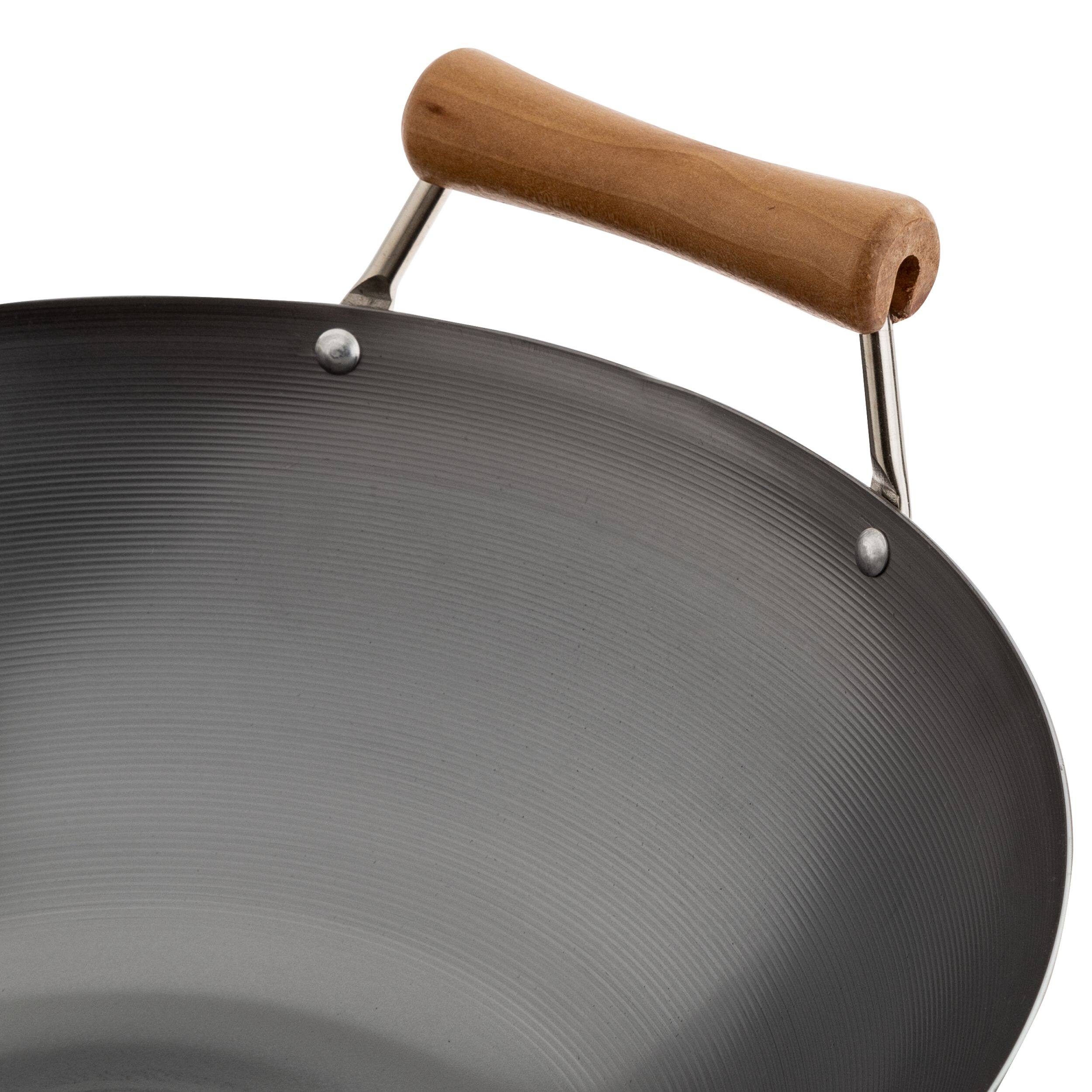 Left. Joyce Chen - Classic Series 14-Inch Uncoated Carbon Steel Flat Bottom Wok Set with Lid and Birch Handles, 4 Pieces - Silver.