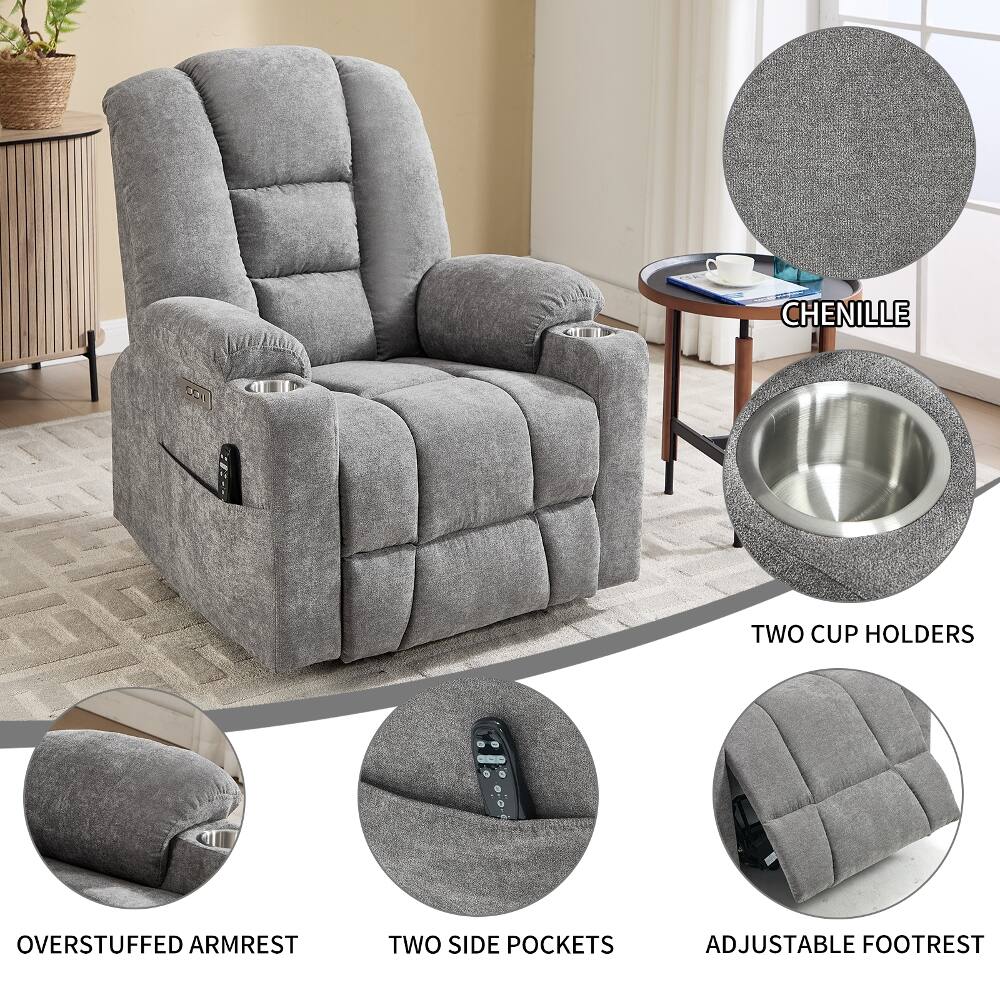 CHENILLE  
DE  
TWO CUP HOLDERS  
OVERSTUFFED ARMREST  
TWO SIDE POCKETS  
ADJUSTABLE FOOTREST
