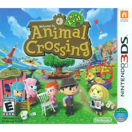 Welcome to Animal Crossing: New Leaf
Nintendo 3DS
EVERYONE E
Online Interactions Not Rated by the ESRB
Nintendo Network
Nintendo Official Product
U.A.E. Saudi Arabia Malaysia Singapore - E (Everyone)