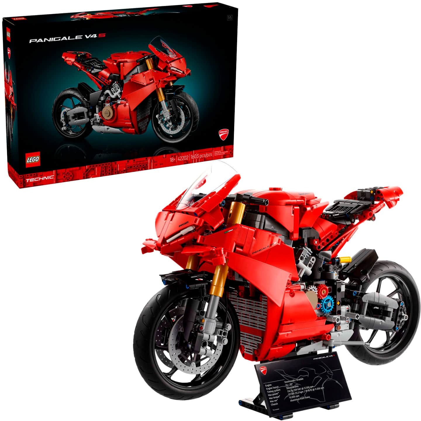 The image features a red motorcycle, which is a Lego Technic model. The motorcycle is displayed on a stand, and it appears to be a Ducati Panigale V4. The model is made up of many small parts, showcasing the intricate details and craftsmanship of the Lego Technic series.
