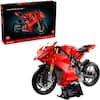 The image features a red motorcycle, which is a Lego Technic model. The motorcycle is displayed on a stand, and it appears to be a Ducati Panigale V4. The model is made up of many small parts, showcasing the intricate details and craftsmanship of the Lego Technic series.