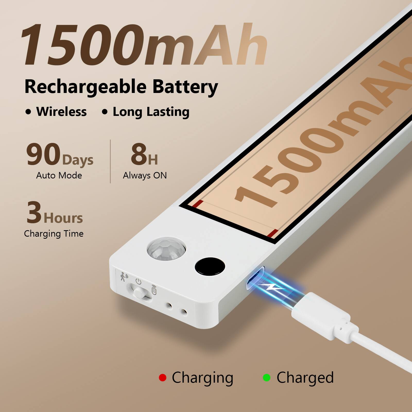 1500mAh Rechargeable Battery  
Wireless Long Lasting  
90 Days Auto Mode  
8H Always ON  
3 Hours Charging Time  
Charging  
Charged