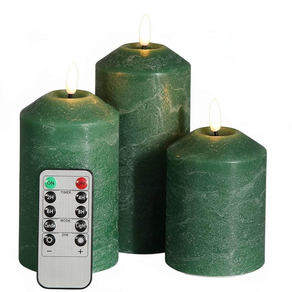 FINEAK - 3 Pack Green Flameless Pillar Candles with Remote: Flickering, Battery-Operated LED Wax Candles - Dark Green
