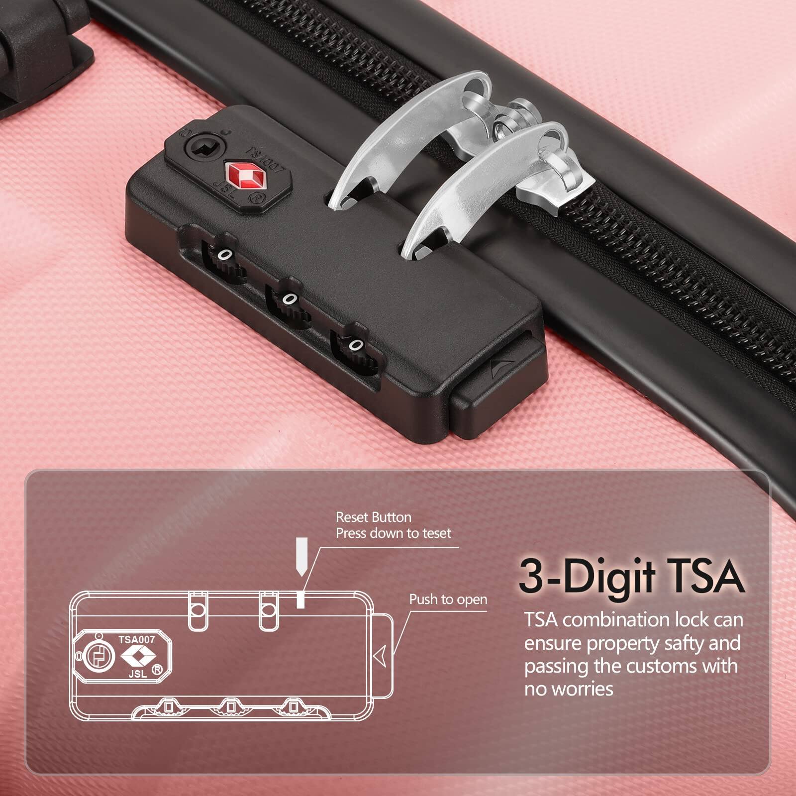 J 131007 TS a TSA007 JSL R Reset Button Press down to reset 3-Digit TSA Push to open TSA combination lock can ensure property safety and passing the customs with no worries
