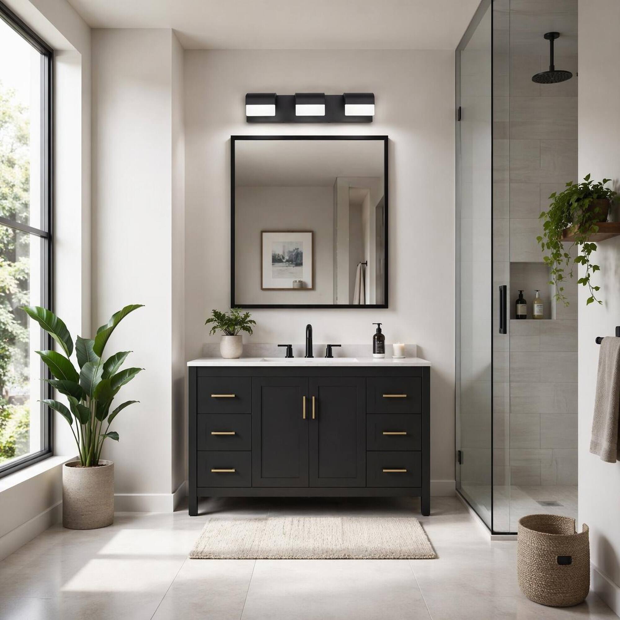 Angle. RYHNUYNE - 3‑Light Matte Black LED Bathroom Vanity Light, Modern Vanity Mirror Light for Bathroom Mirror - Black.