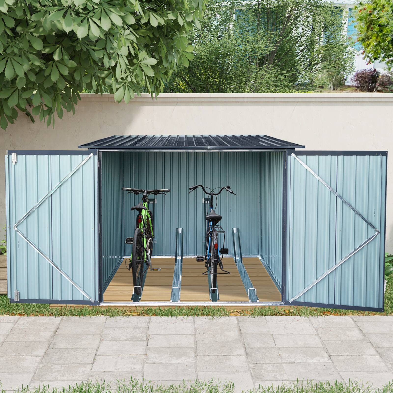 Left. Mondawe - Outdoor Steel Storage Shed For Bicycle with Slope Roof and 4 Bike Tracks - Black.