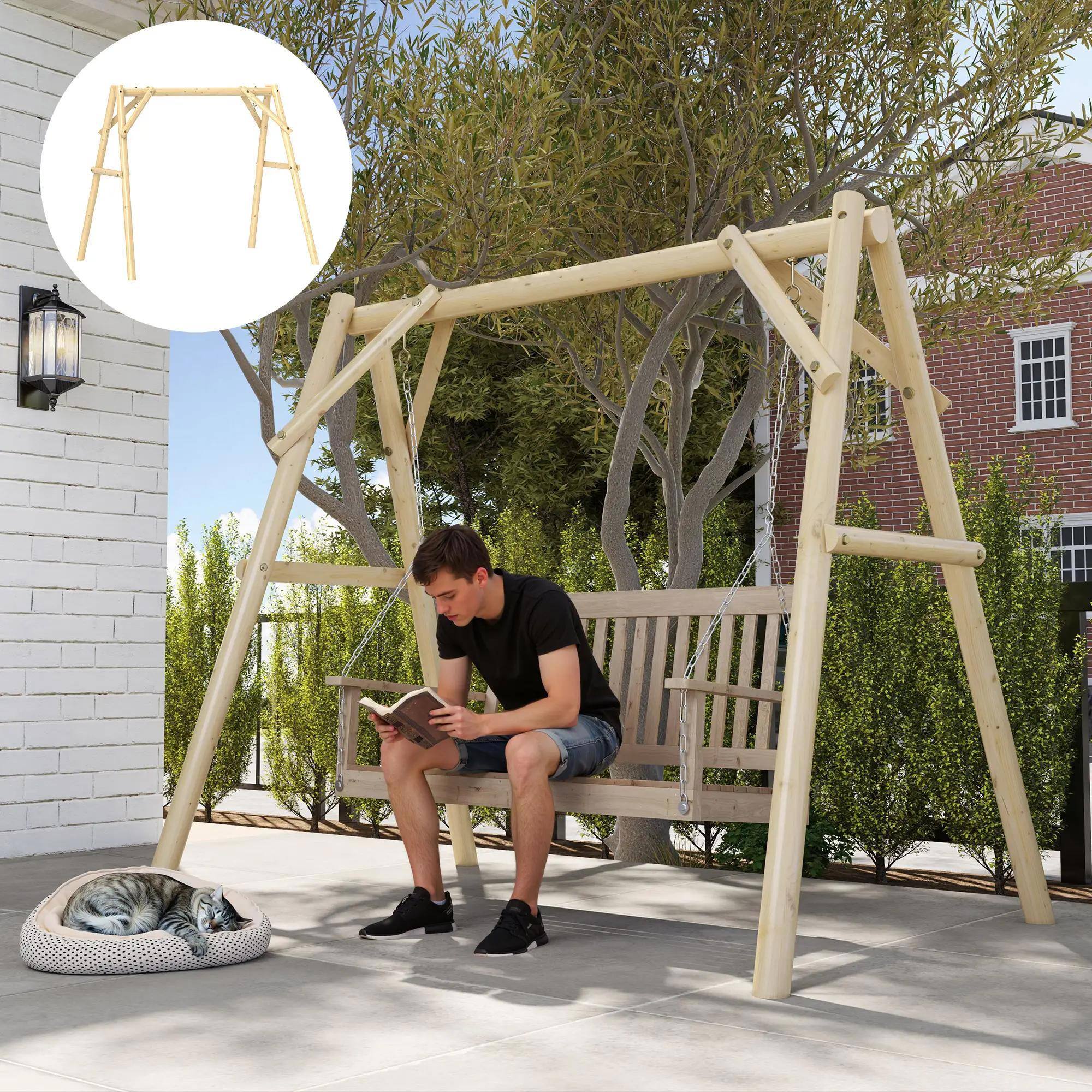 Left. Resenkos - Resenkos 3-Seat Wooden Swing Stand, Patio Swing With Tables, Outdoor Swing for Garden, Pool, Yard, Natural Wood.